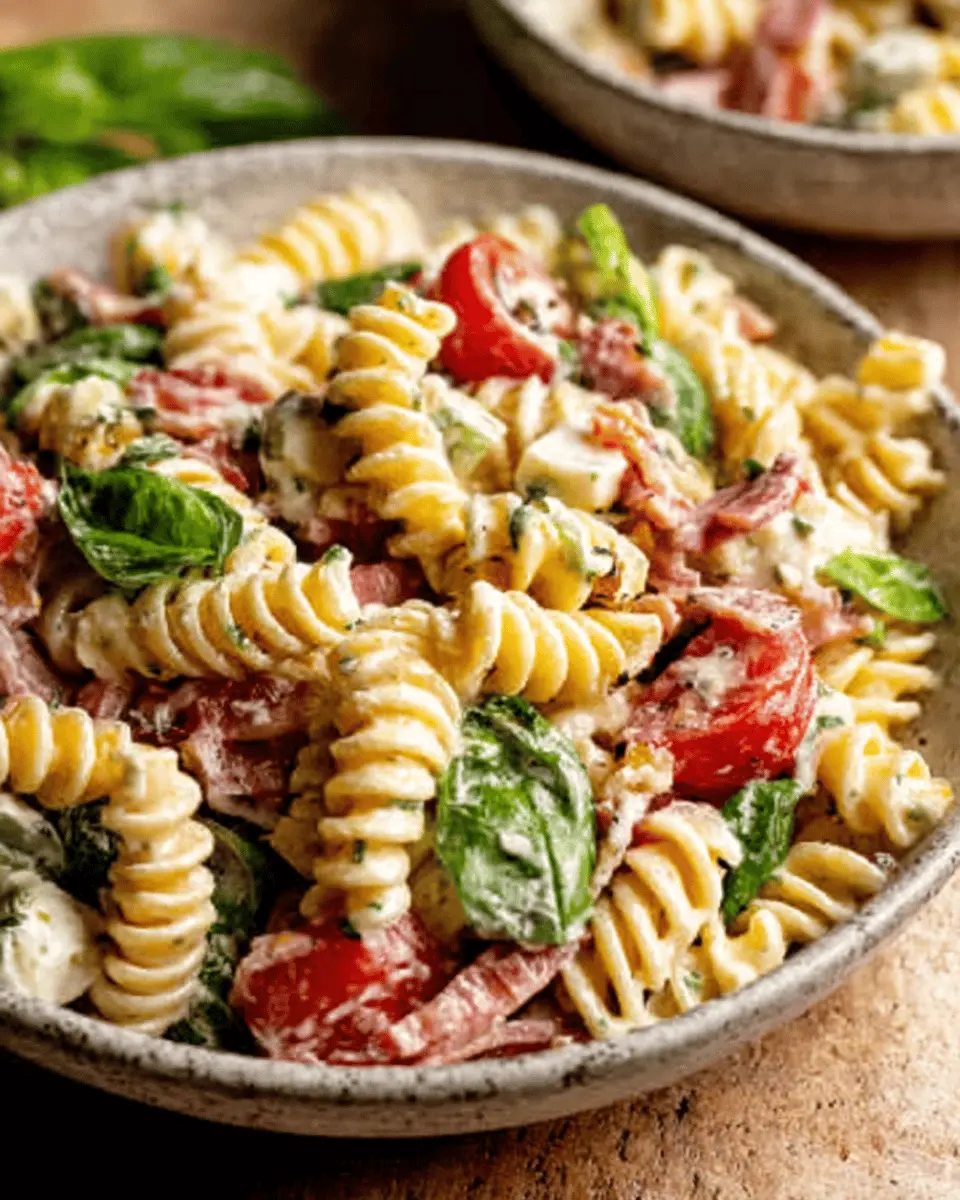 Classic Creamy Italian Pasta Salad with Turkey Bacon and Chicken Ham