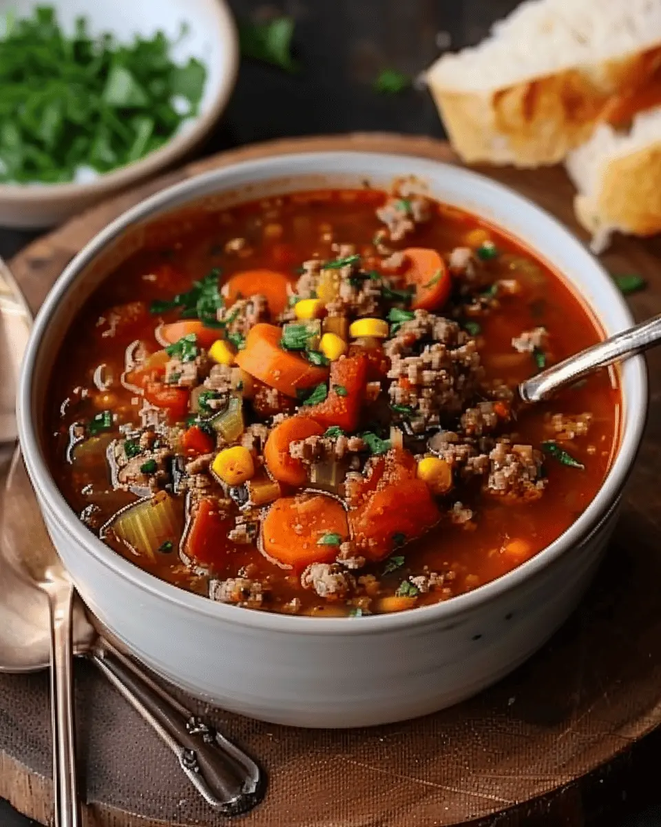 Hearty Hamburger Soup with Turkey Bacon and Chicken Ham Delight
