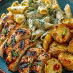Grilled Chicken with Creamy Herb Pasta & Garlic Roasted Potatoes