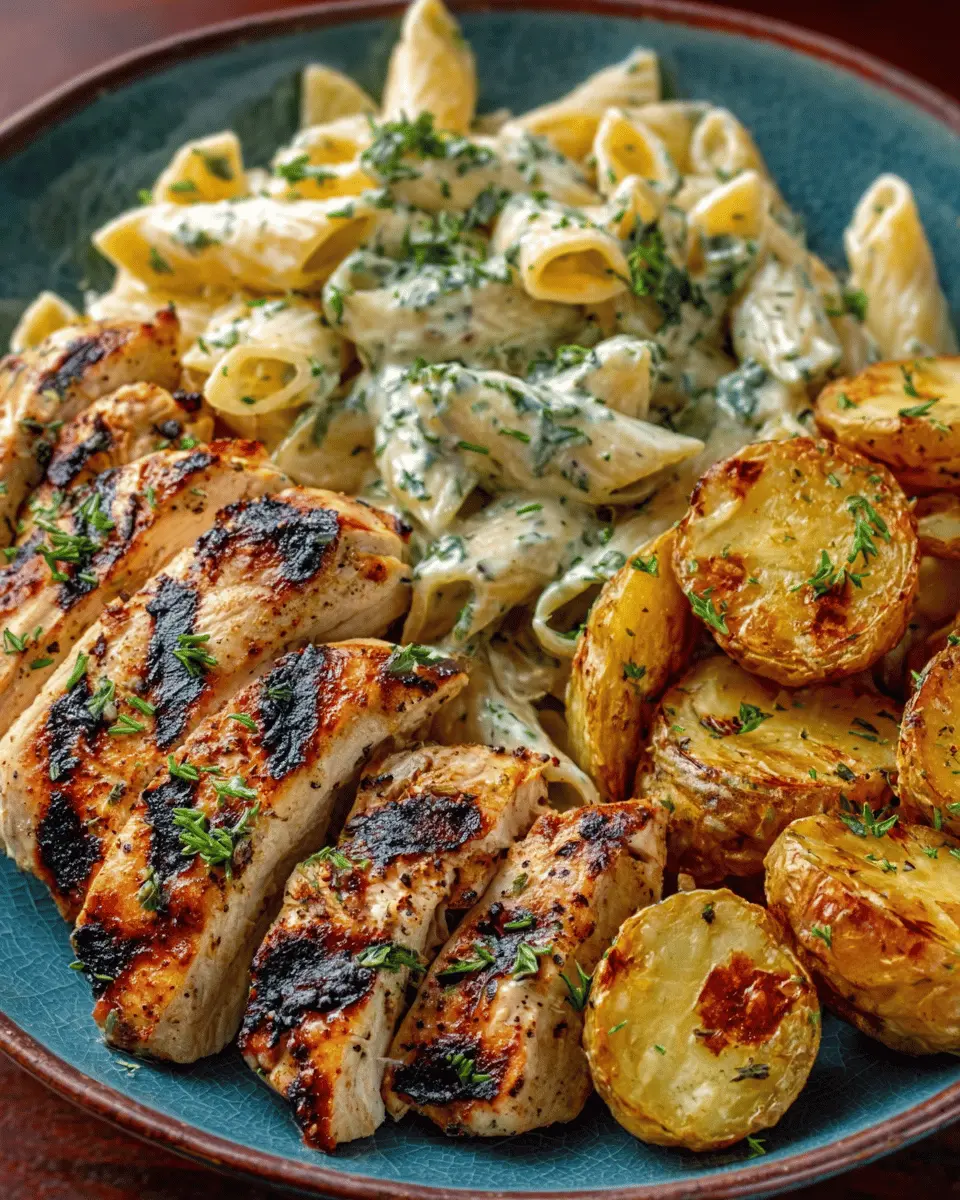 Grilled Chicken with Creamy Herb Pasta: Easy Garlic Roasted Potatoes