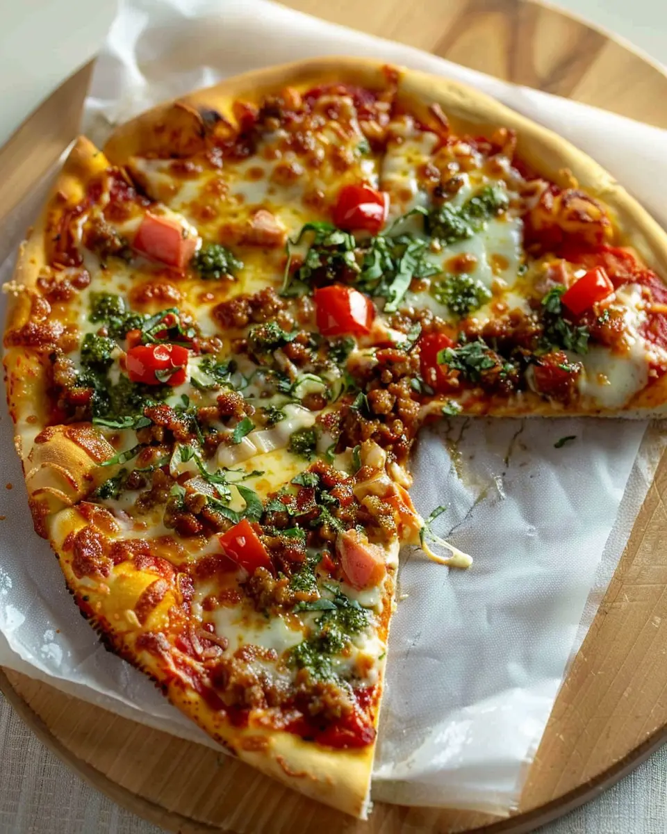 Lasagna-Style Pizza: Indulgent Slice with Turkey Bacon and Chicken Ham