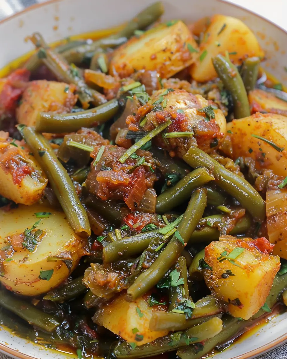 Smothered Green Beans and Potatoes-Cajun Style with Turkey Bacon