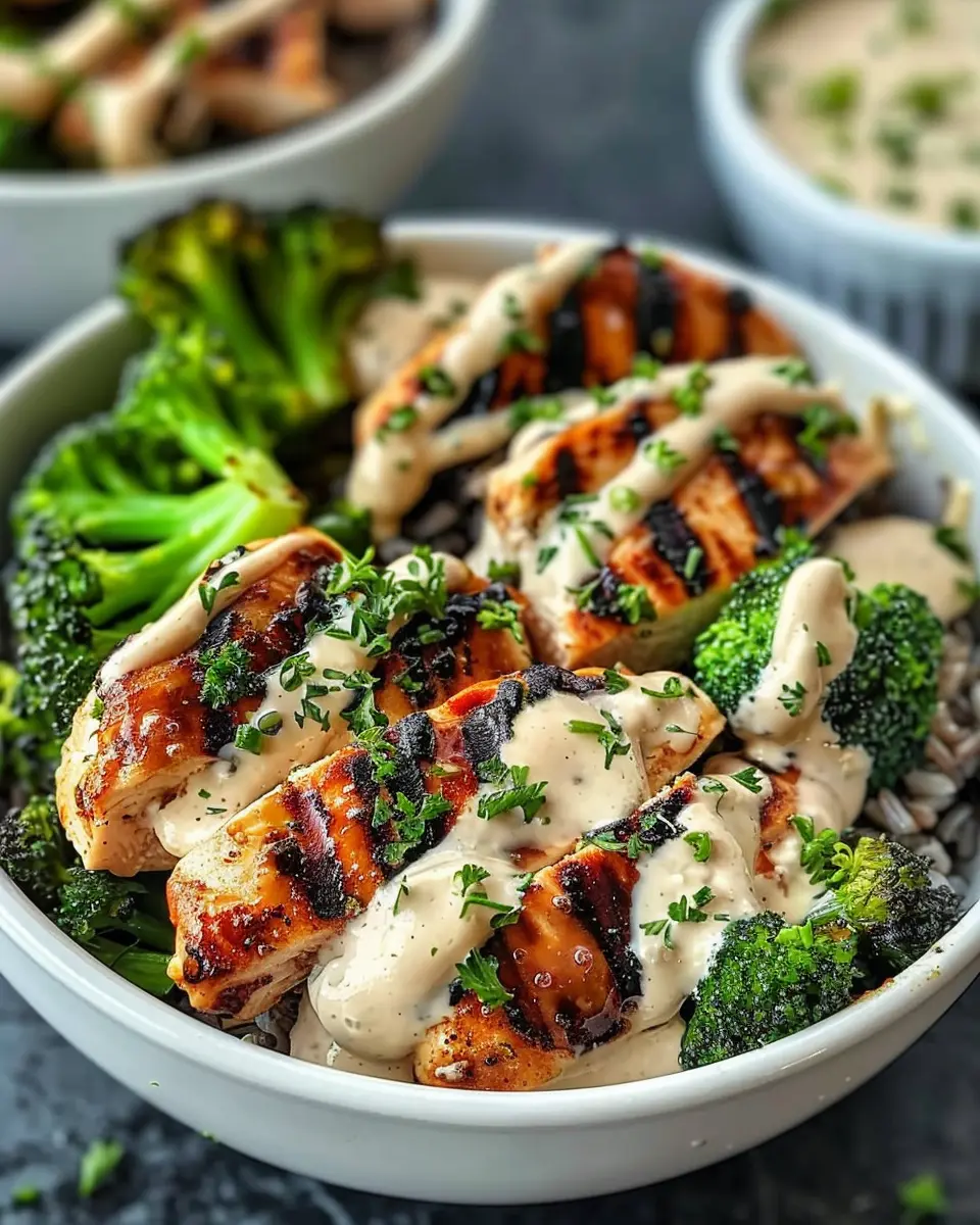 Grilled Chicken Broccoli Bowls with Creamy Garlic Sauce Delight