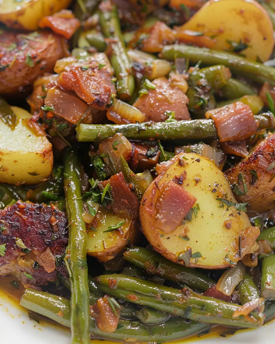 Smothered Green Beans and Potatoes-Cajun Style with Turkey Bacon