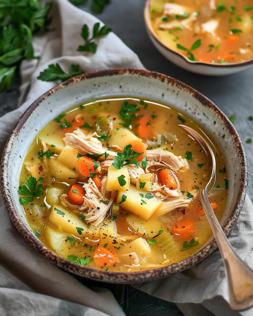 Comforting Chicken Soup: A Hearty Meal with Potatoes and Turkey Bacon