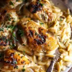 Crockpot Creamy French Onion Chicken and Orzo.