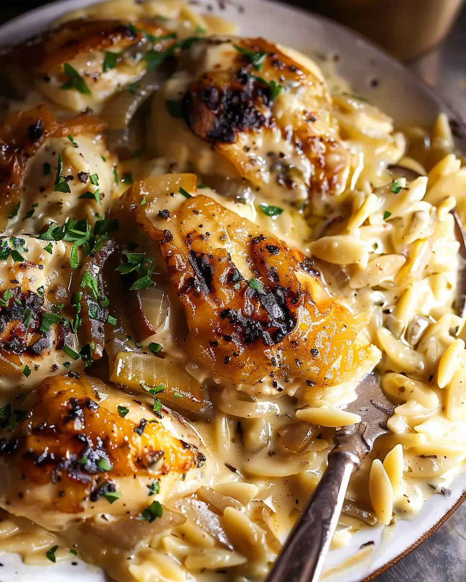 Crockpot Creamy French Onion Chicken and Orzo Made Easy