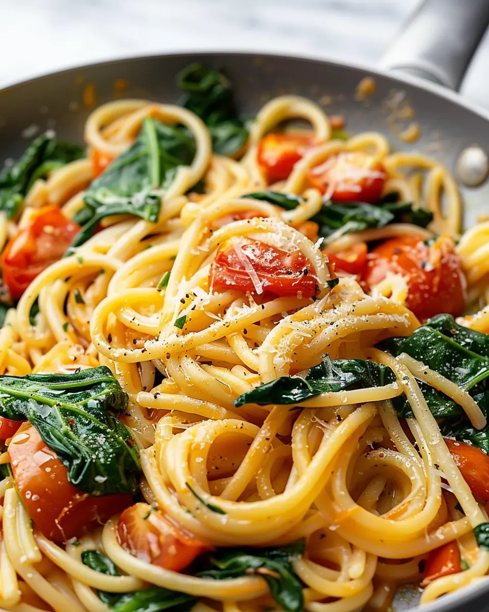 Fresh Spinach and Tomato Pasta: Easy Weeknight Delight with Turkey Bacon