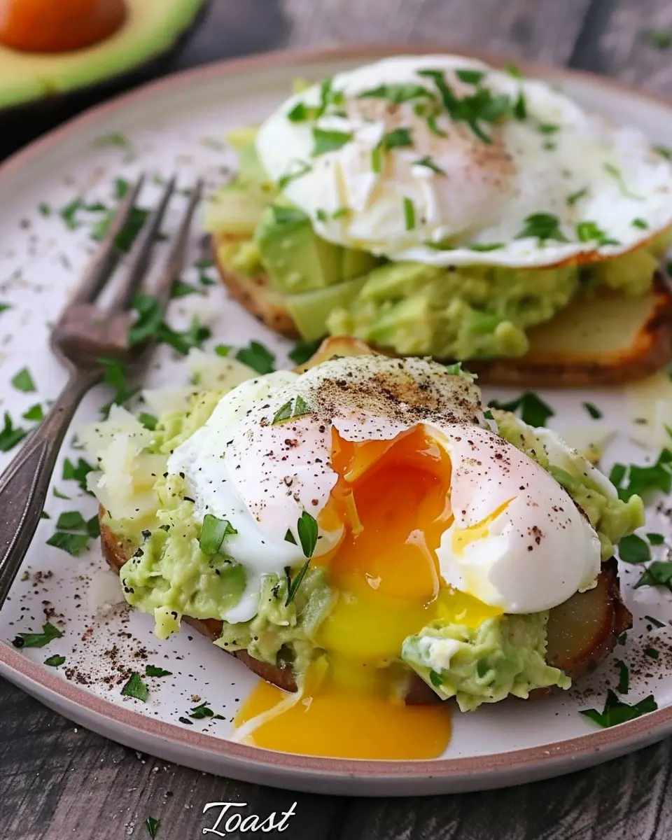 Potato Avocado Toast with Perfectly Poached Eggs and Turkey Bacon